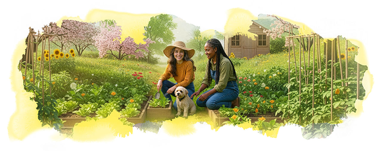 Illustration of two women in a garden with a small dog.