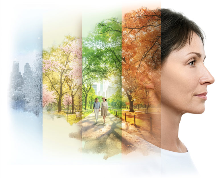 Side profile of a woman with a collage of four seasonal landscapes behind her