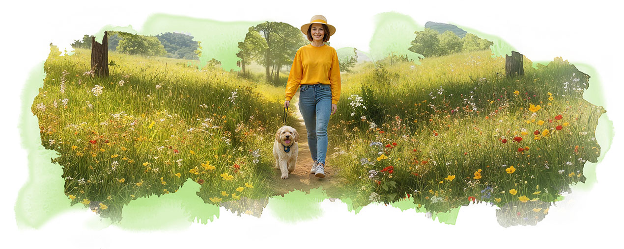 Illustration of woman walking her dog on a park path