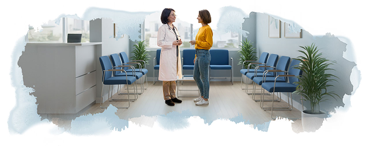 Illustration of a patient speaking with a healthcare professional in a clinic
