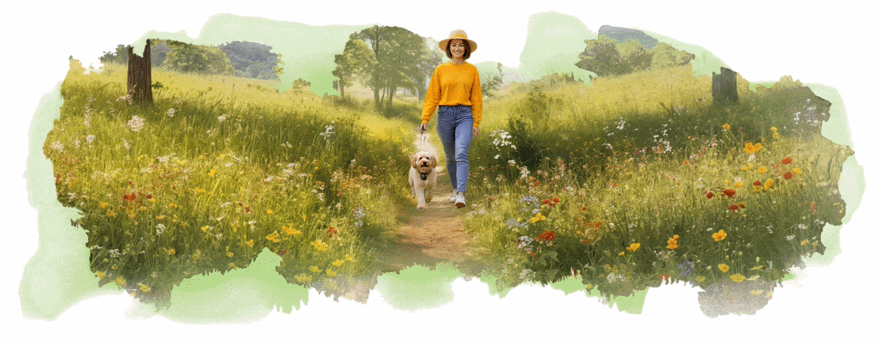 Illustration of woman walking in the park with a dog