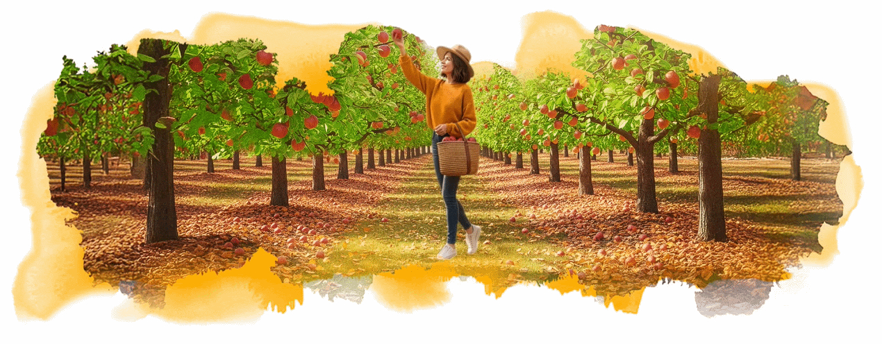 Illustration of a woman in an orchard reaching for apples