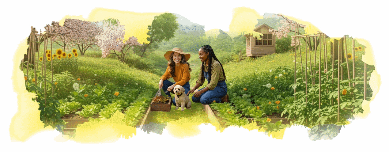 Illustration of two women in a garden with a small dog