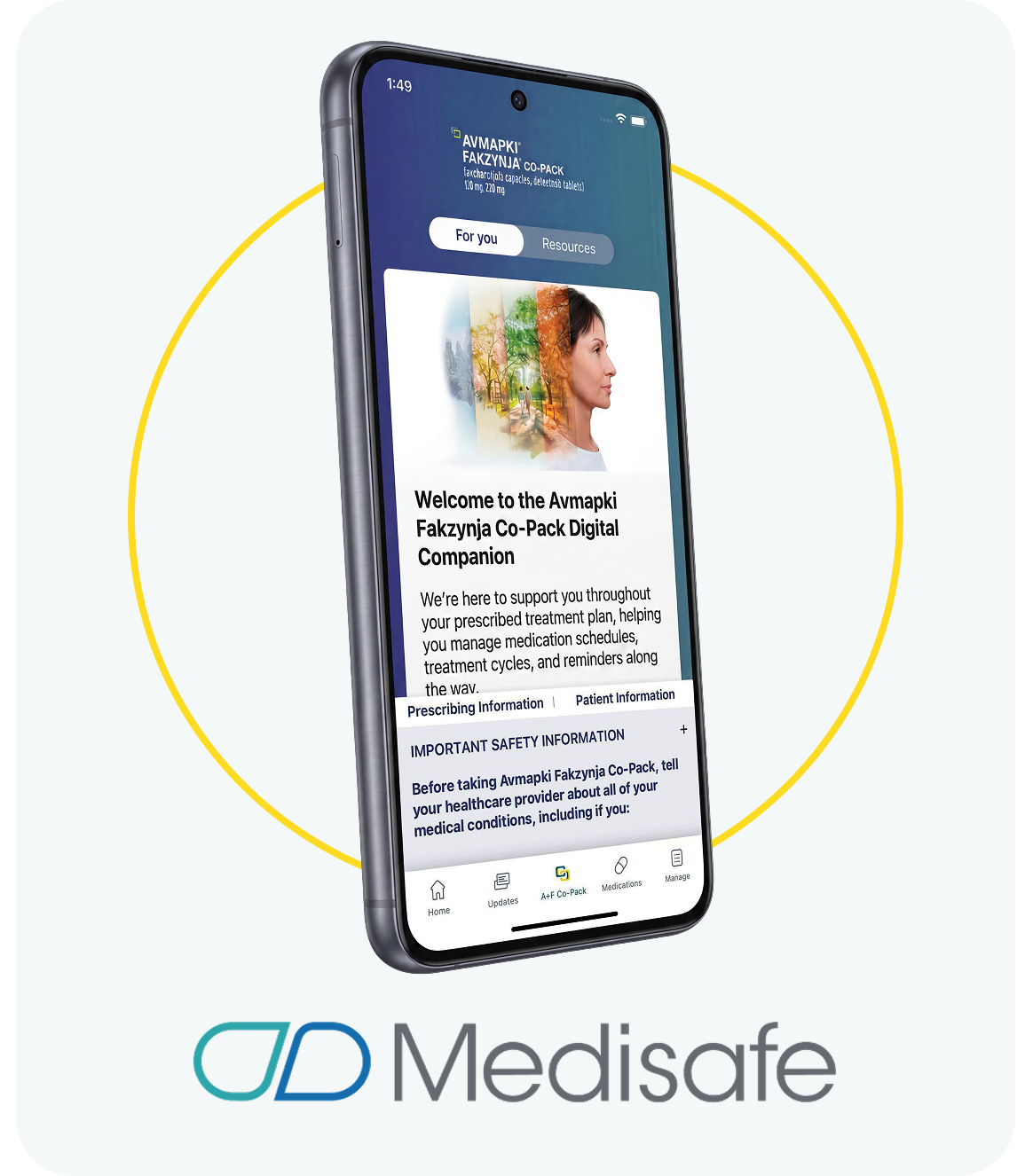 Smartphone displaying the Avmapki® Fakzynja® Co-Pack Digital Companion in the Medisafe app